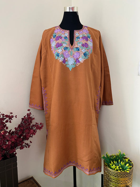 Brown Aari Embroidered Wool Pheran