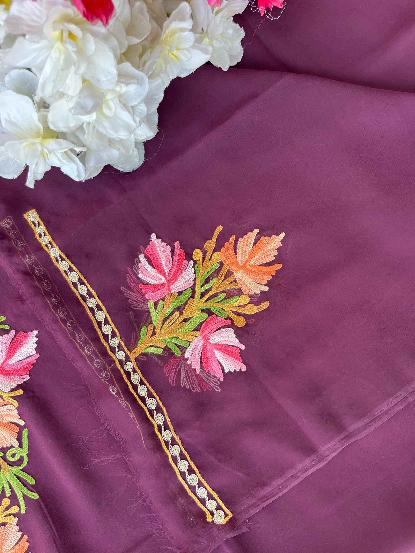 Wine Georgette Aari Embroidered Unstitched Kurta Material