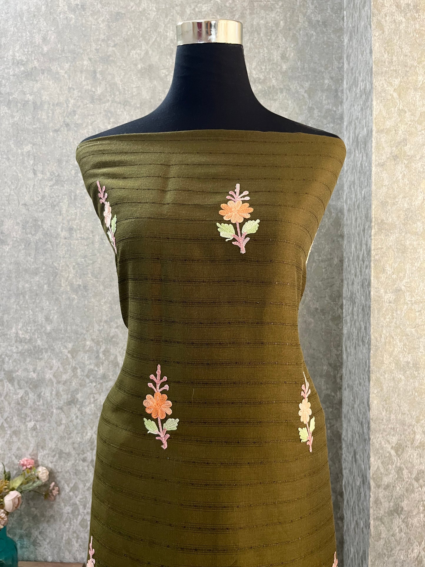 Henna Green Muslin Cotton Striped Pattern Unstitched Co-ord Set