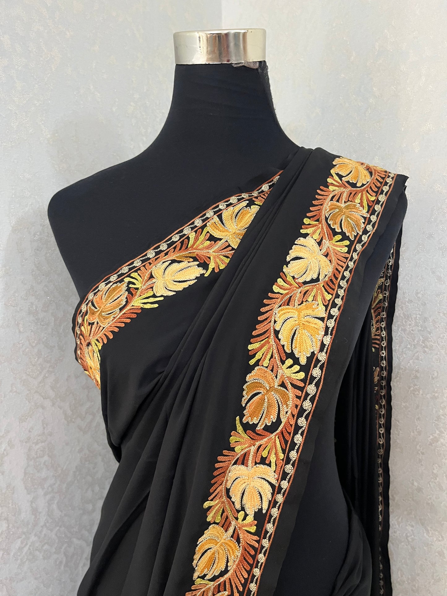 Black Crape Kashmiri Saree with Tilla Outline