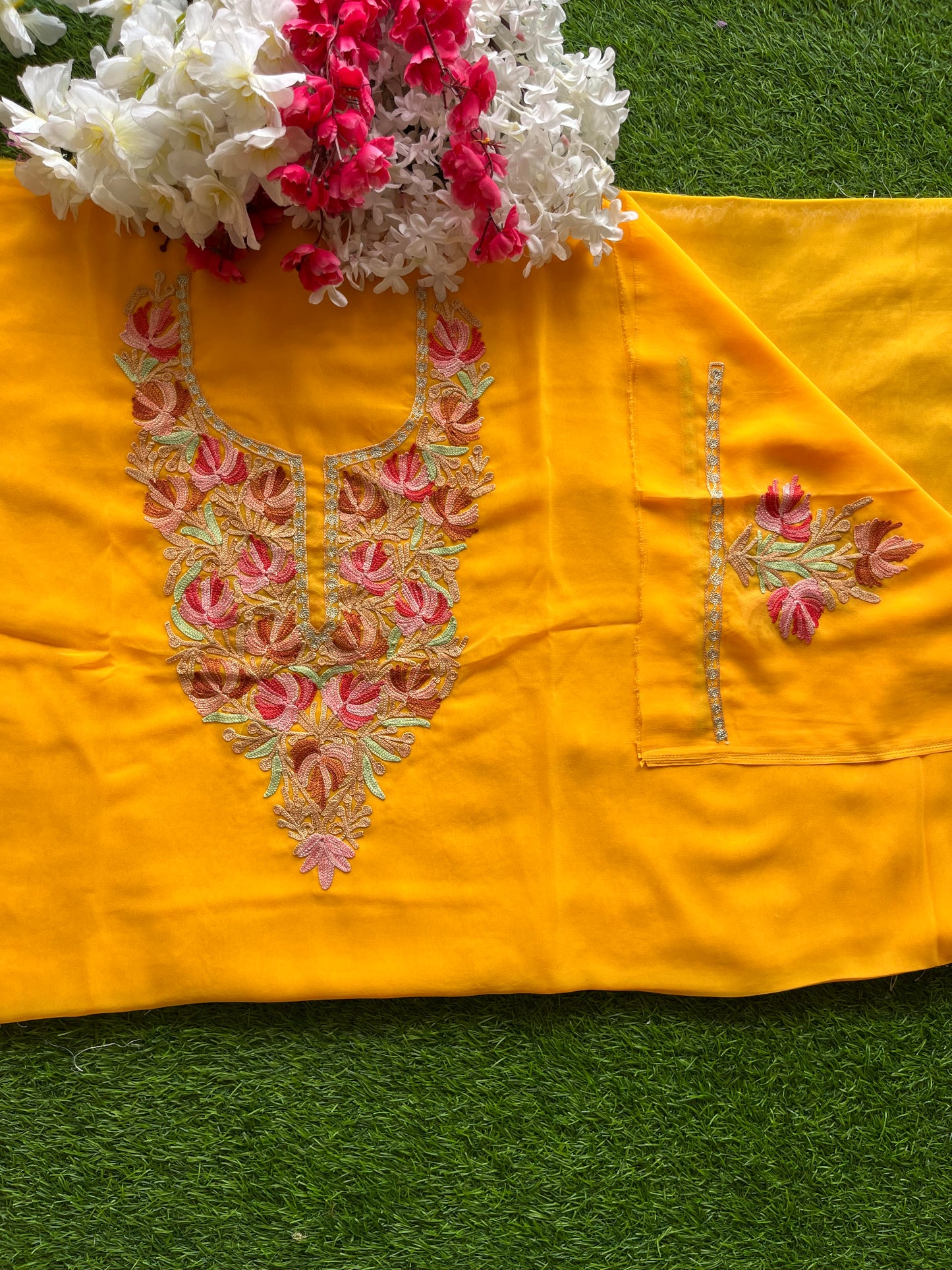 Yellow Georgette Aari Embroidered Unstitched Kurta Material