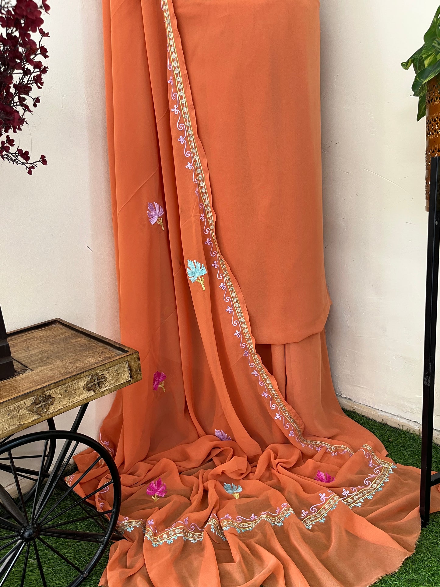 Soft Orange Georgette 3 Pc Aari Embroidered Suit Set