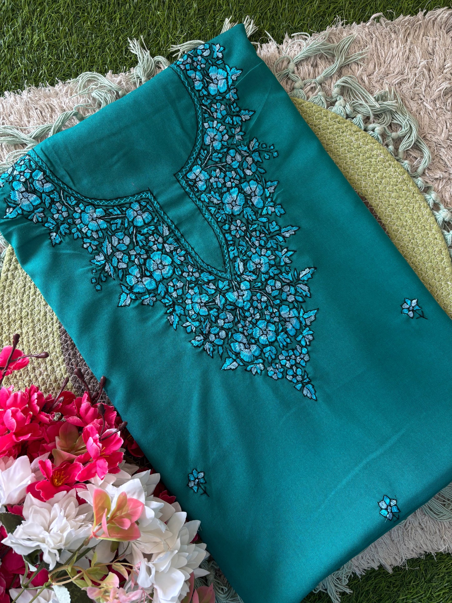 Cotton Green Needle Work Two Piece Set (Hand Embroidered)
