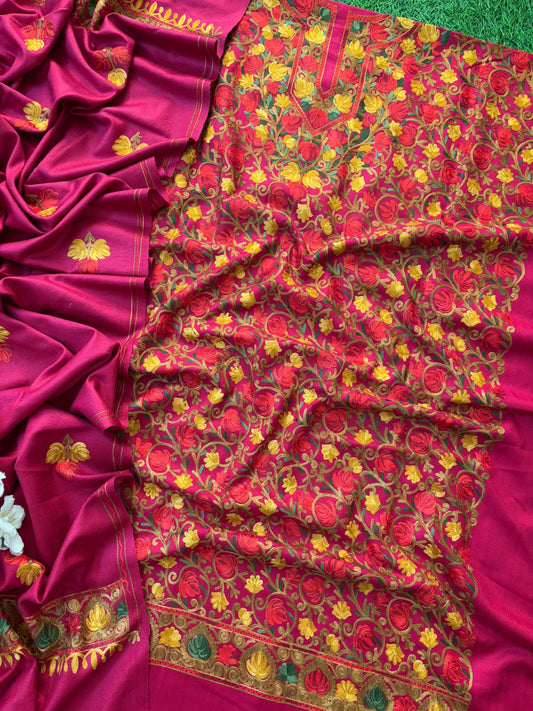 Hot Pink Chinar Woollen Aari Embroidered 3pc Suit Stole