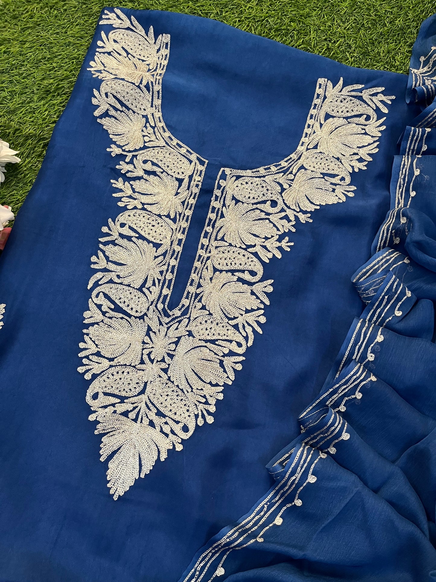 Electric Blue Silk Tilla Kashmiri Suit