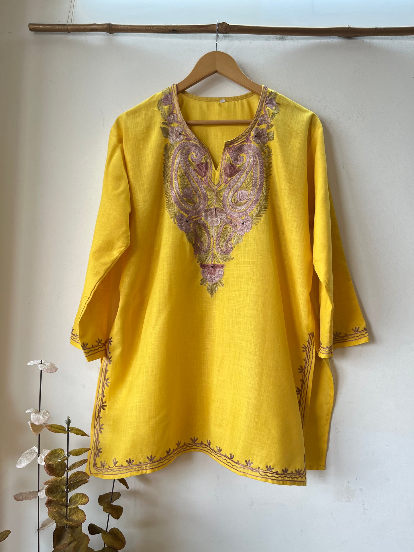 Yellow Cotton Aari Work Kurti