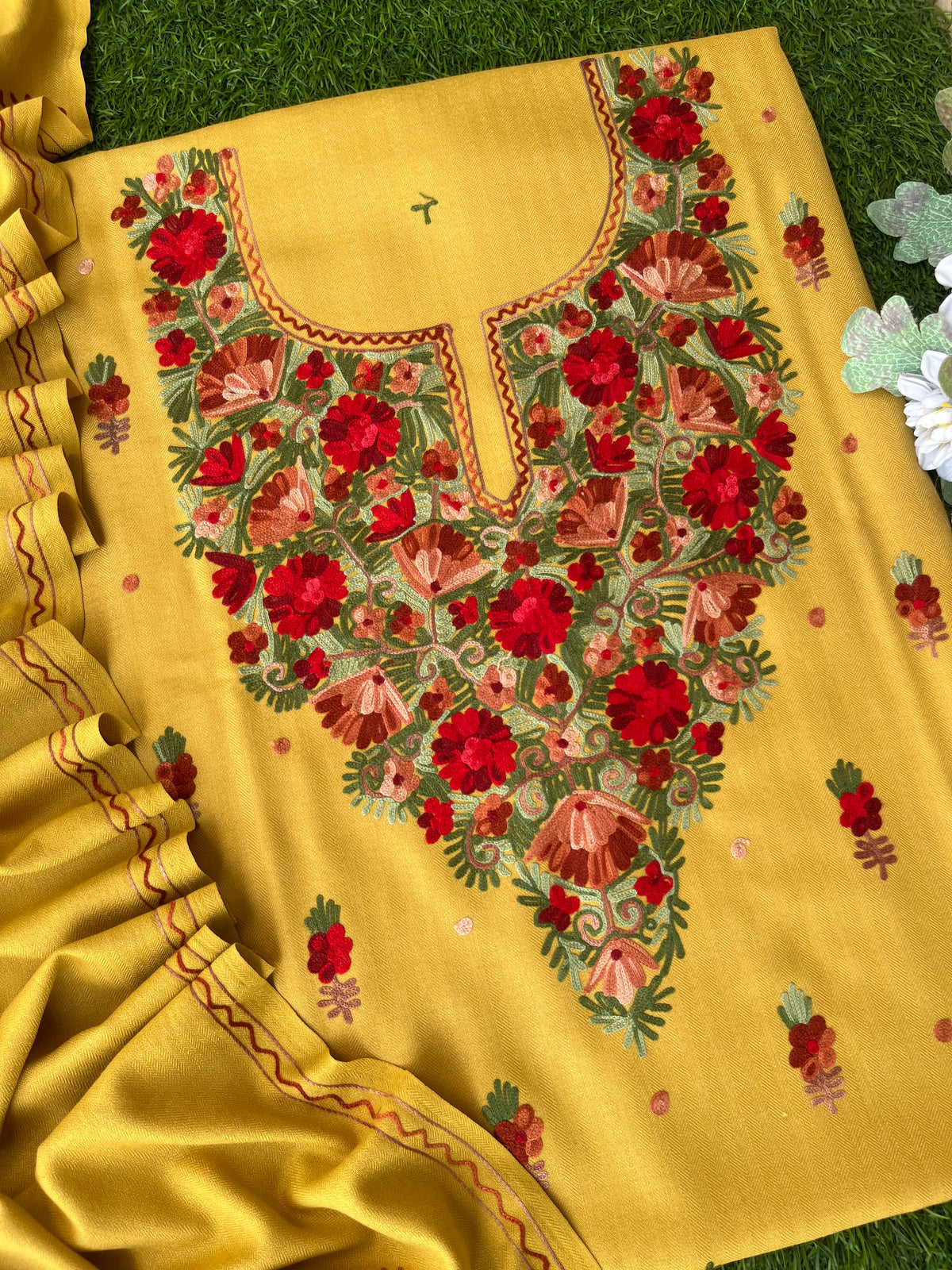 Yellow Woollen Aari Embroidered 3pc suit