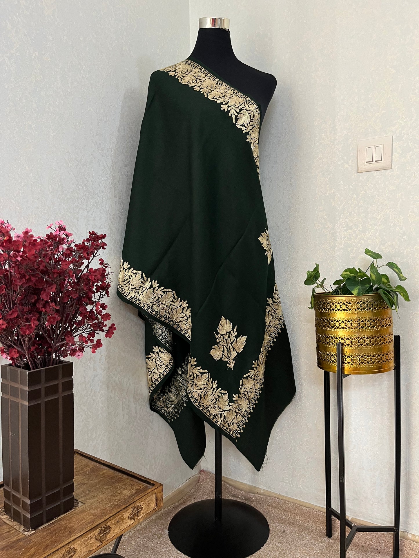 Bottle Green Semi Pashmina Tilla Embroidered stole