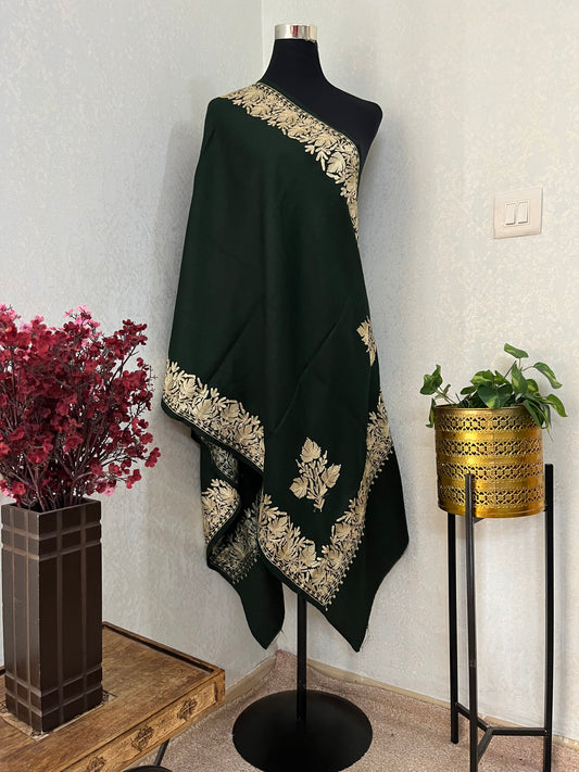 Bottle Green Semi Pashmina Tilla Embroidered stole
