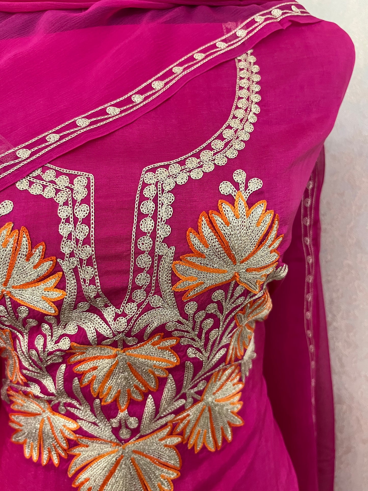 Hot Pink Silk Tilla Kashmiri Suit
