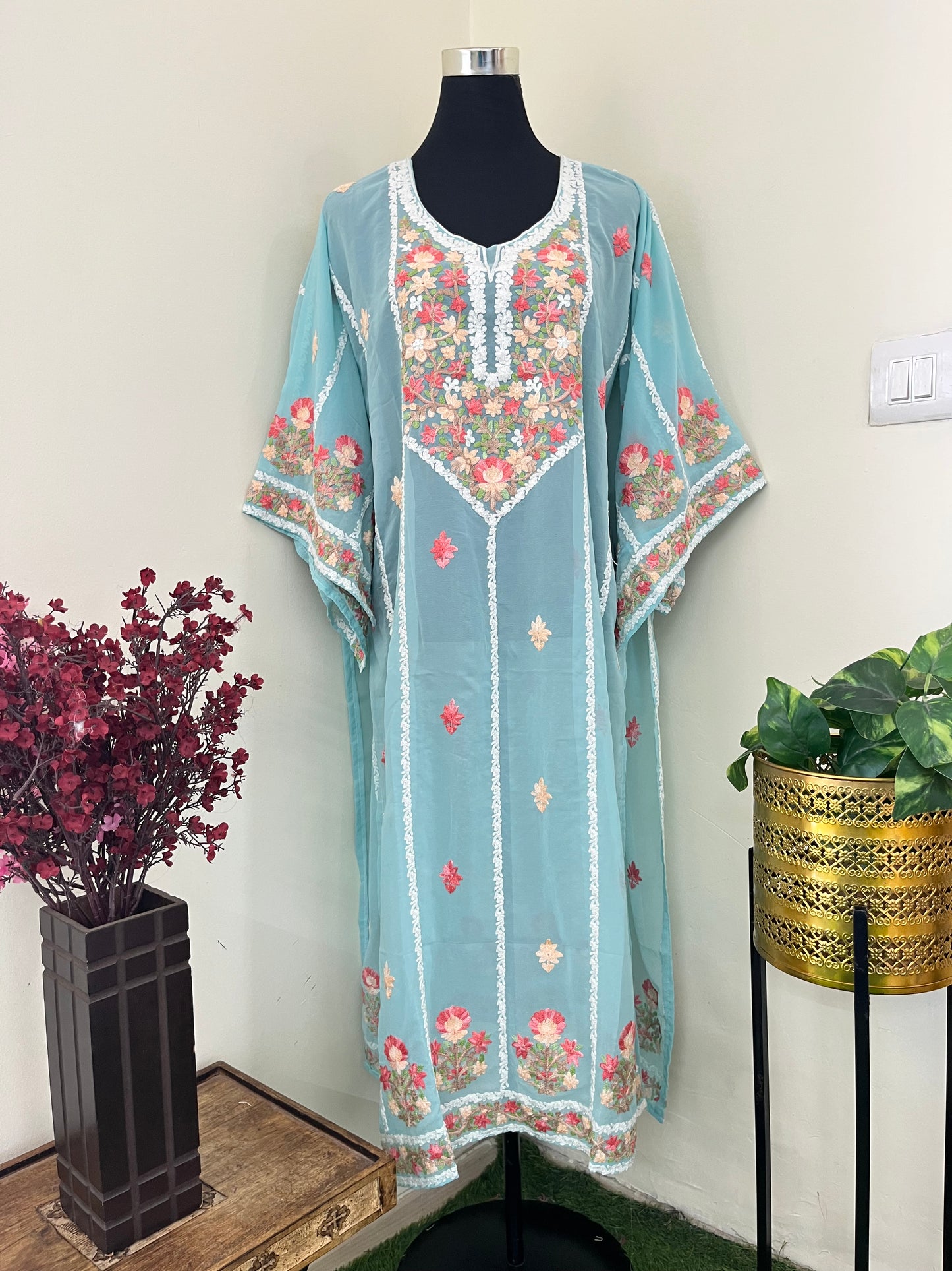 Soft Blue Georgette All over Work Aari Embroidered Unstitched Kurta