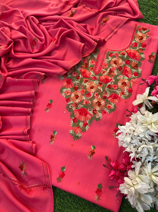 Candy Pink Woollen Aari Embroidered 3pc suit