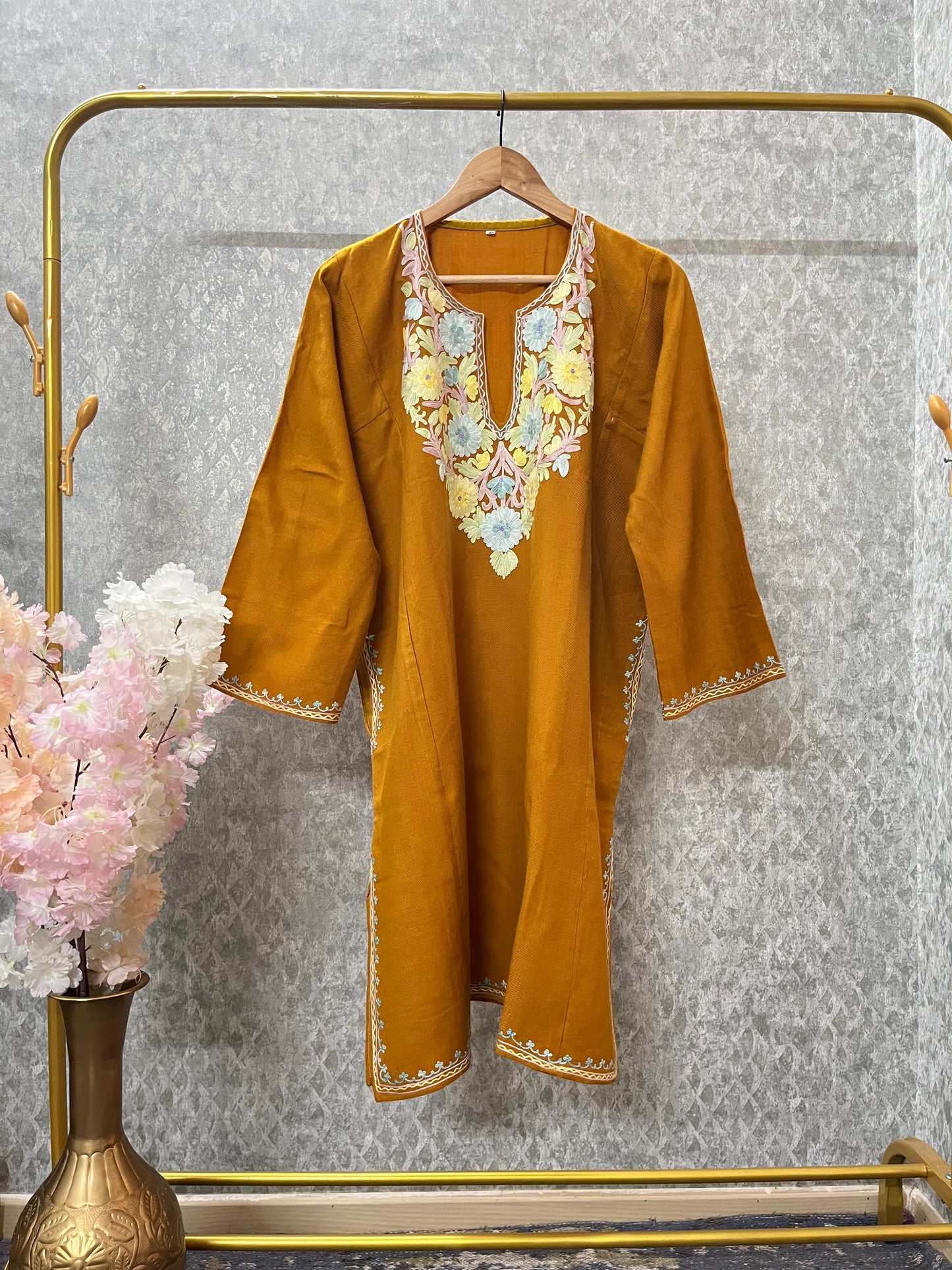Mustard Yellow Aari Embroidered Wool Pheran