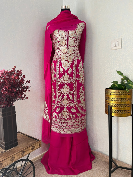 Hot Pink Pure Soft Organza 3 Pc Heavy Kashmiri Suit