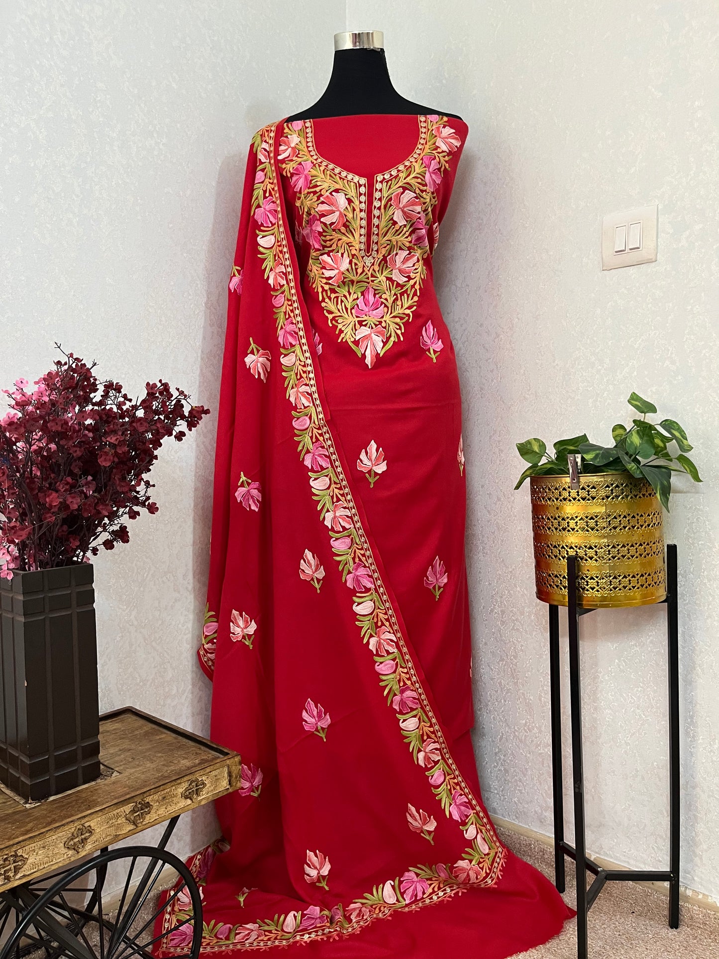 Red Pure Wool Aari Embroidered 3pc Suit Stole