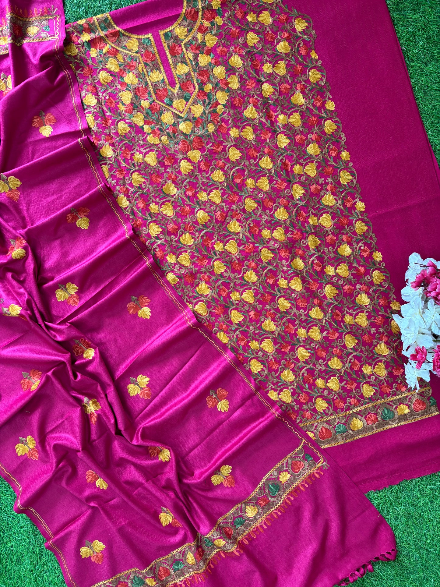 Hot Pink Chinar Woollen Aari Embroidered 3pc Suit Stole