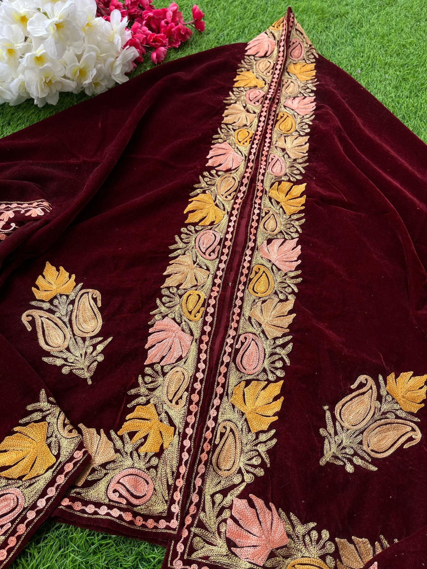 Maroon Aari Embroidered Velvet Cape