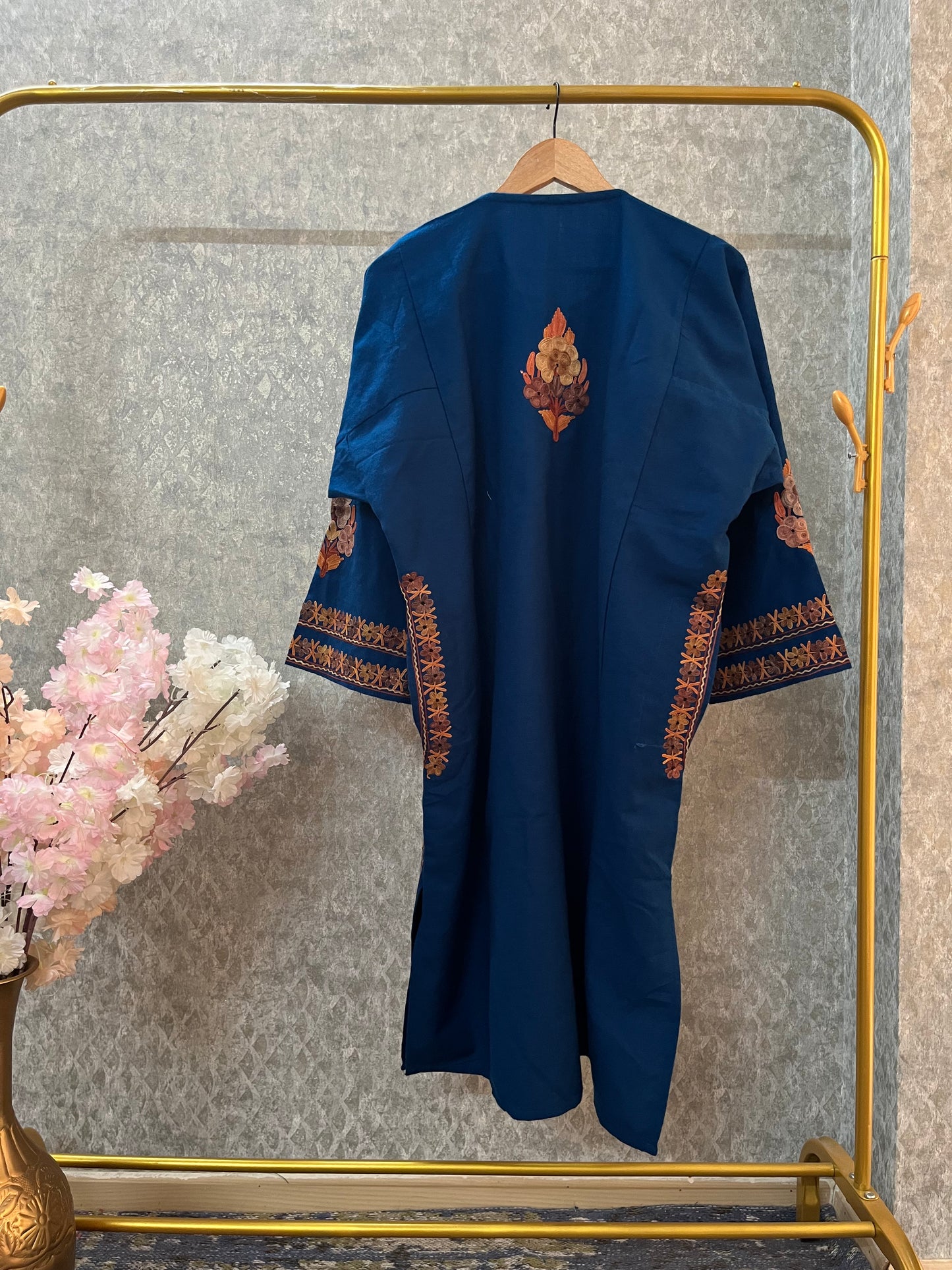 Peacock Blue Aari Embroidered Wool Pheran