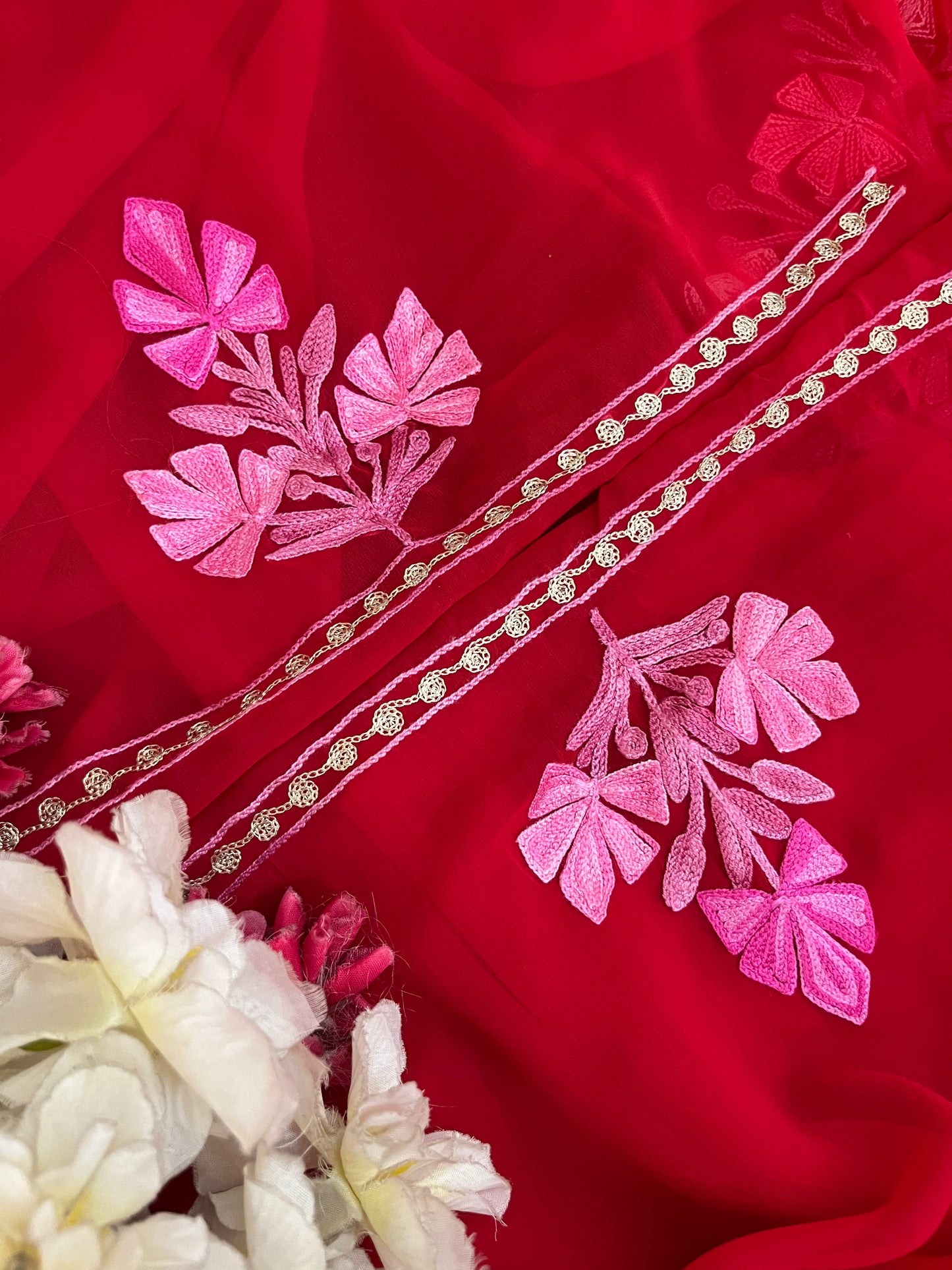 Red Georgette 3 Pc Aari Embroidered Suit Set