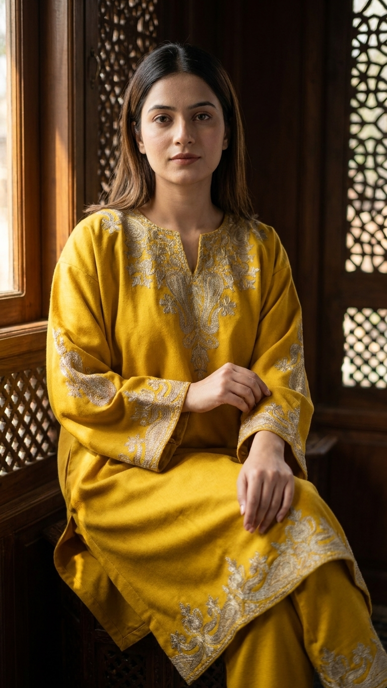 Yellow Woollen Kashmiri Co-Ord Set ( Size 46)