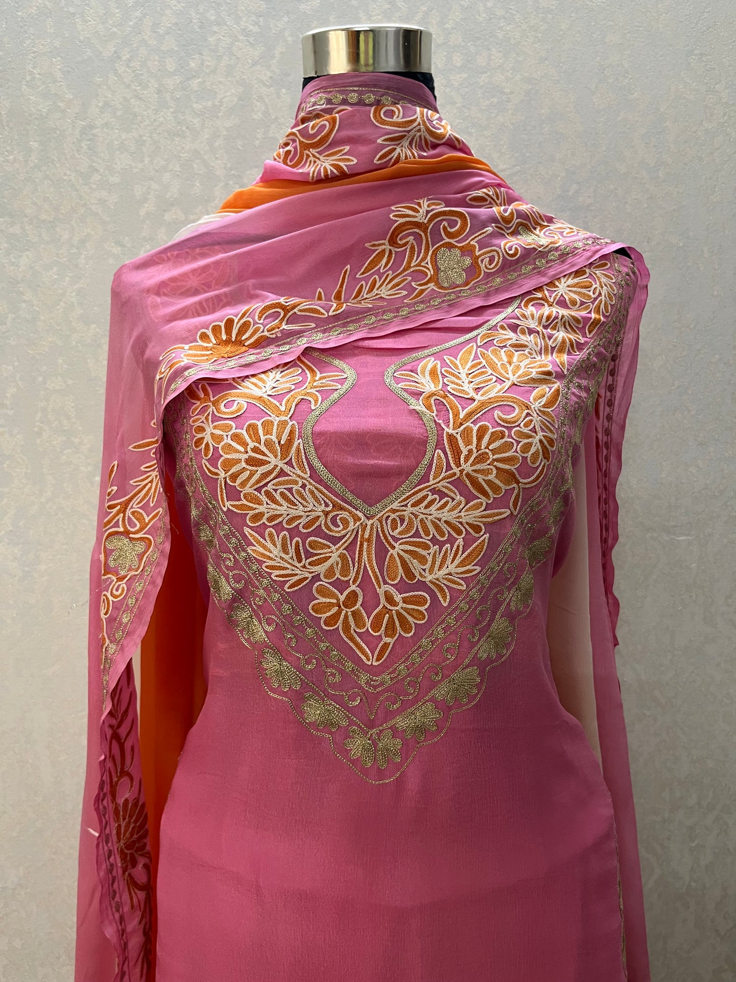 Pink Pure Chinon 3 Pc Heavy Front Back Kashmiri Suit