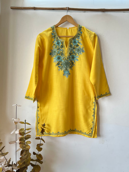 Yellow Cotton Aari Work Kurta