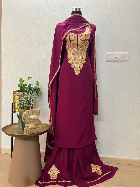 Wine Crape Puff Tilla Kashmiri Suit