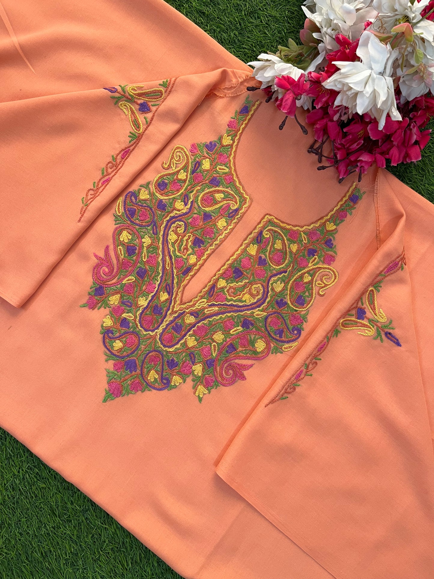 Peach Cotton Two Piece Suit (Hand Embroidered)