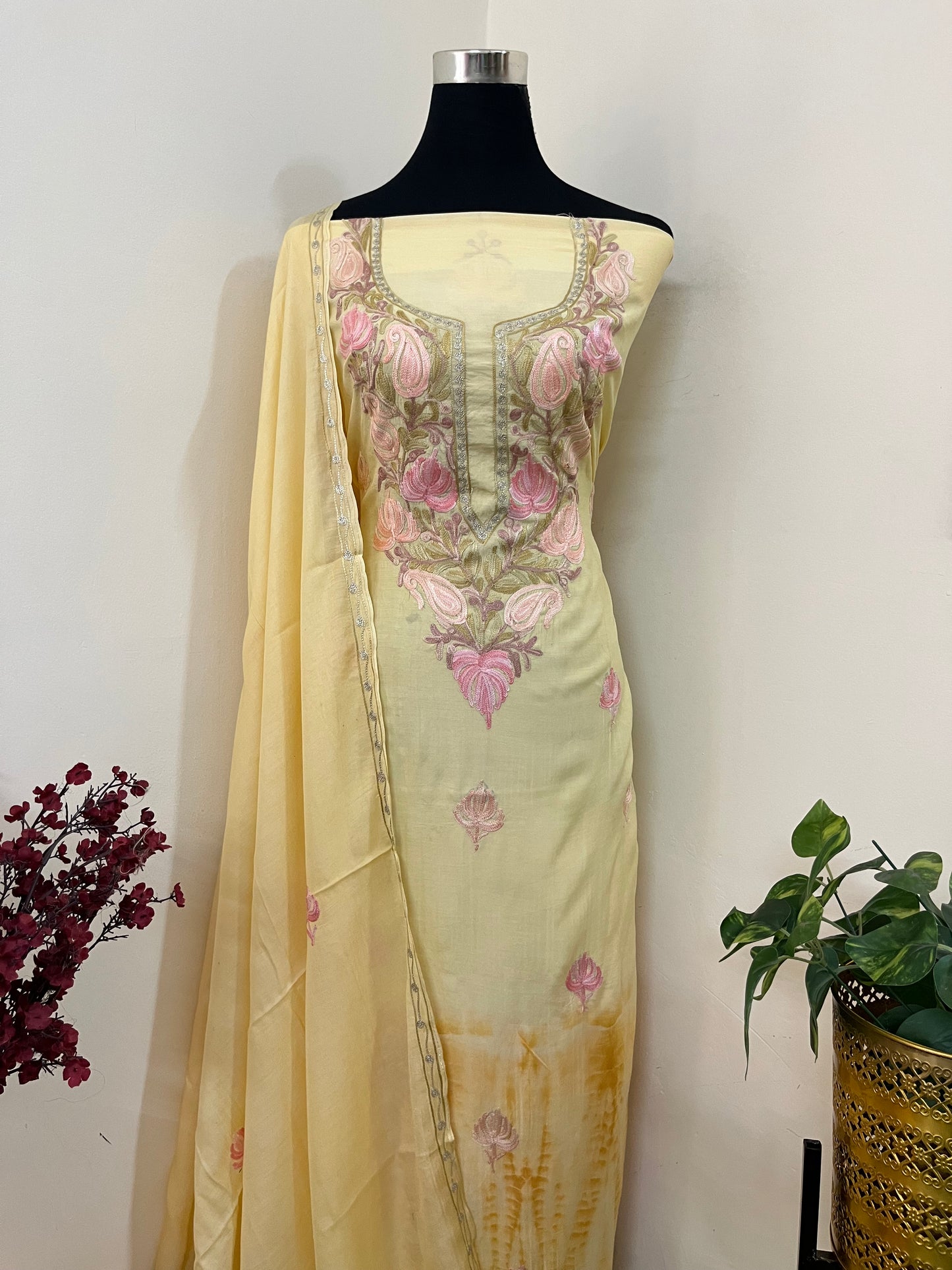 Lemon Yellow Mul Cotton Shibori Work Kashmiri 3pc Suit