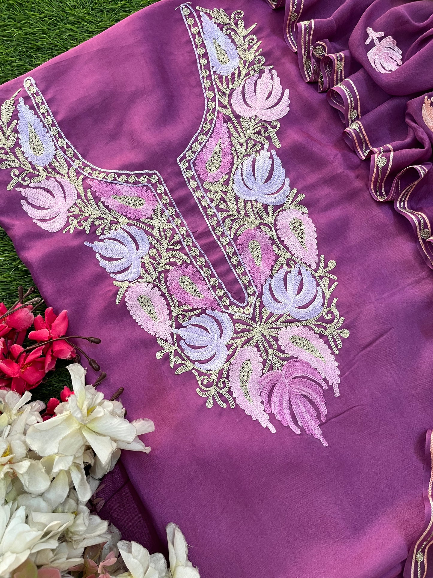 Soft Purple Opada Silk Kashmiri Suit