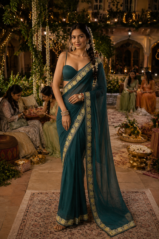 Bottle Green Crape Kashmiri Saree with Tilla Outline