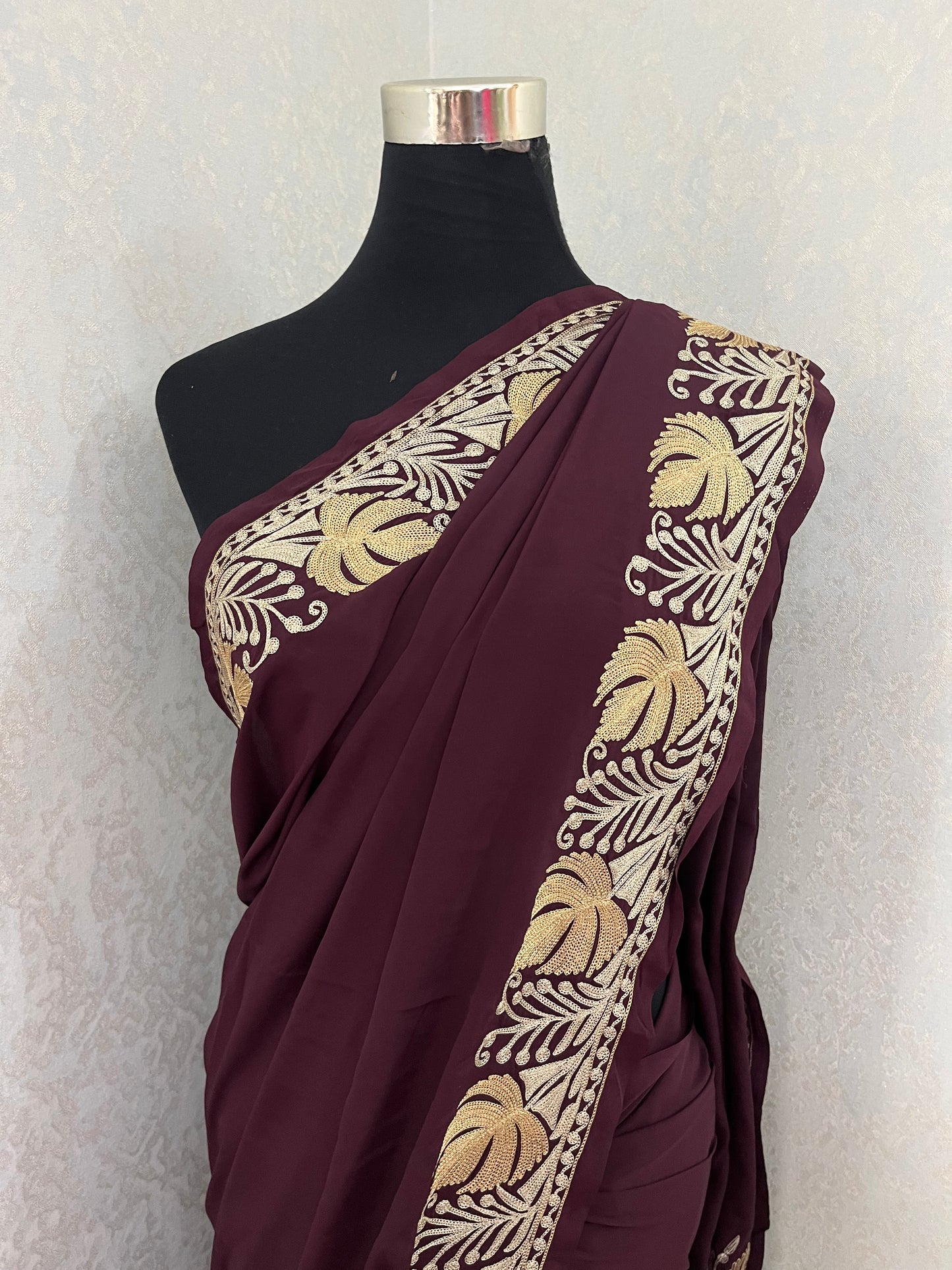Wine Crape Kashmiri Tilla Saree