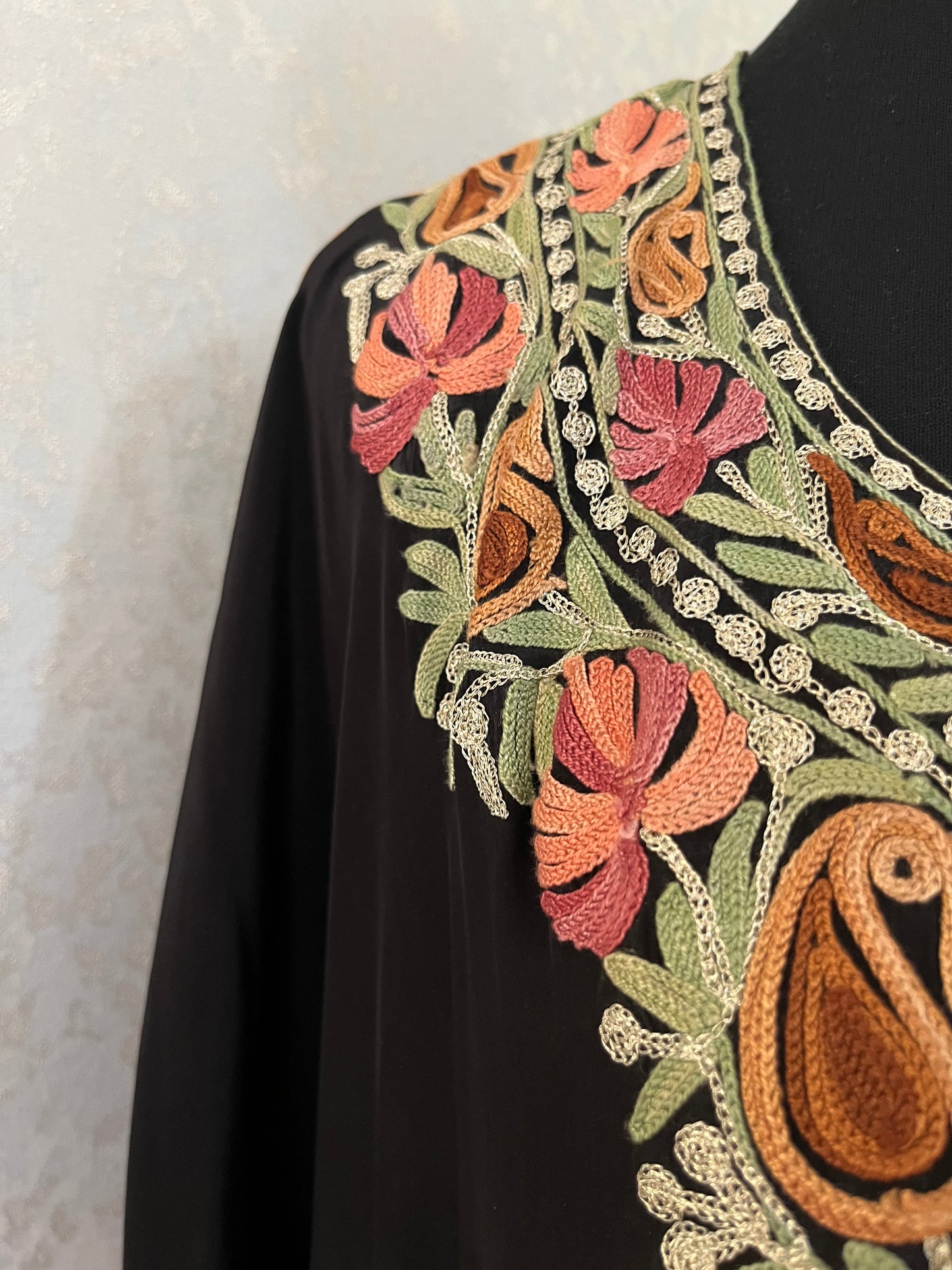 Black Pure Crape Kashmiri Kaftan