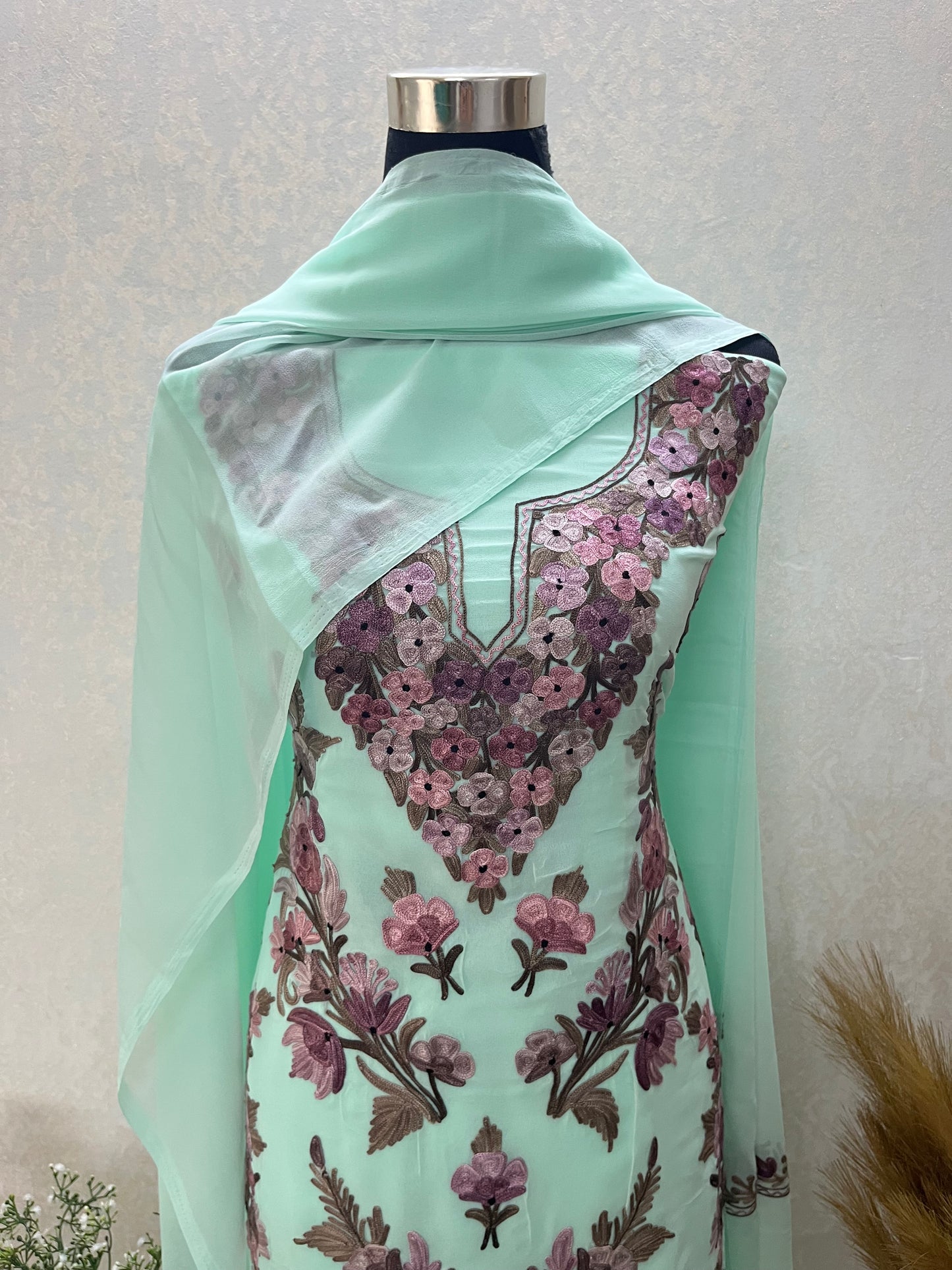 Green Georgette 3 Pc Kashmiri Suit