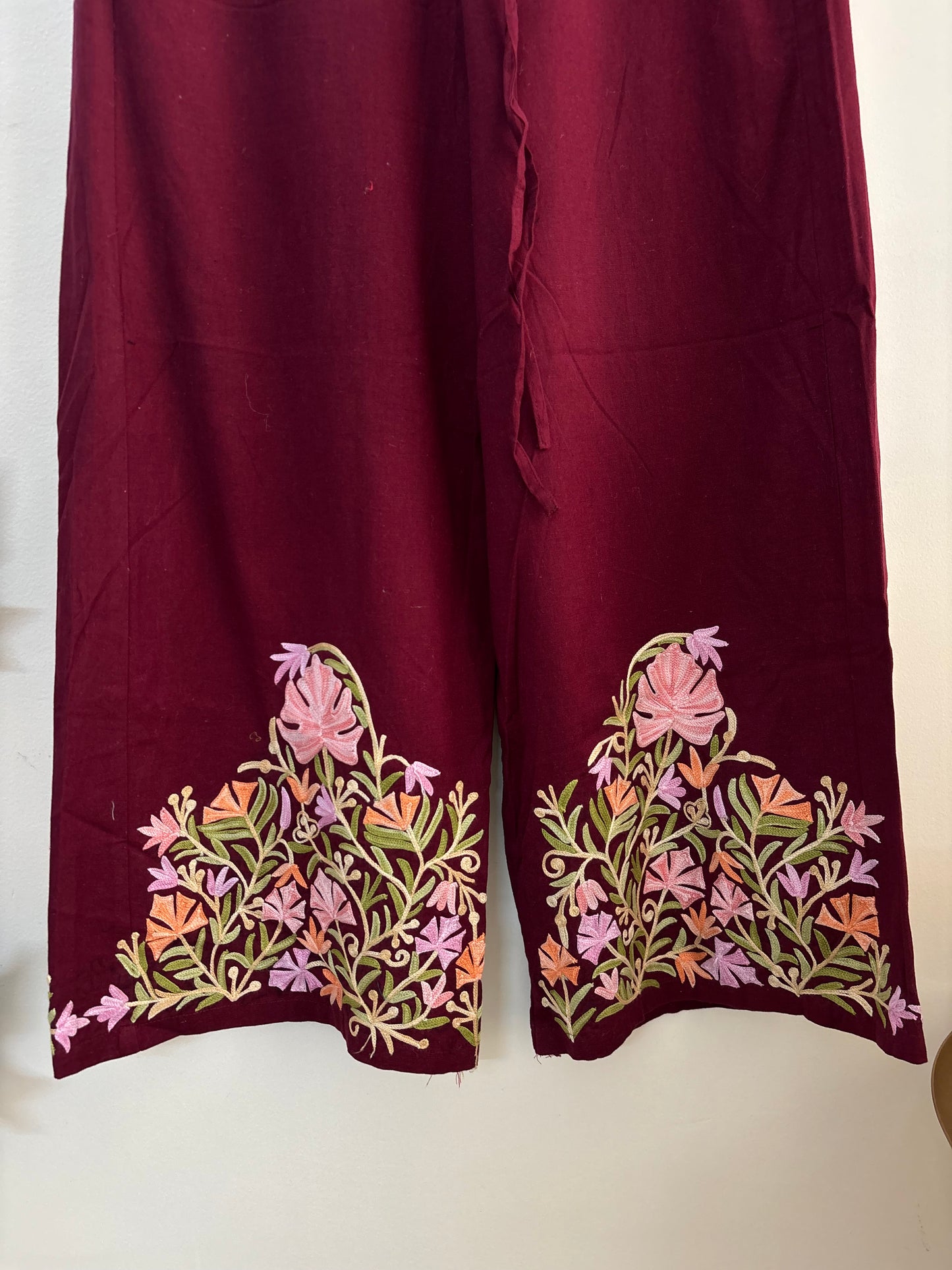 Women Maroon Wide Leg Aari Embroidered Palazzos