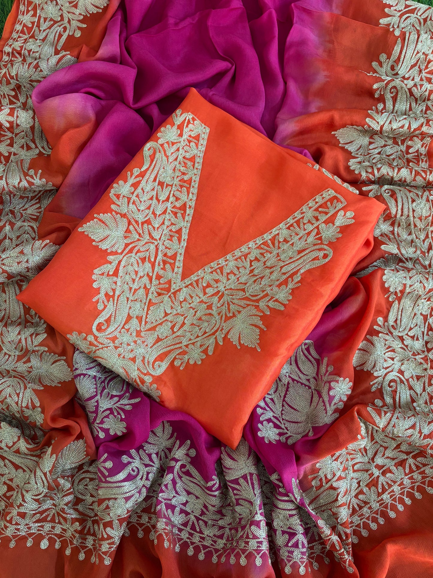 Sanam Orange Silk Kashmiri Suit