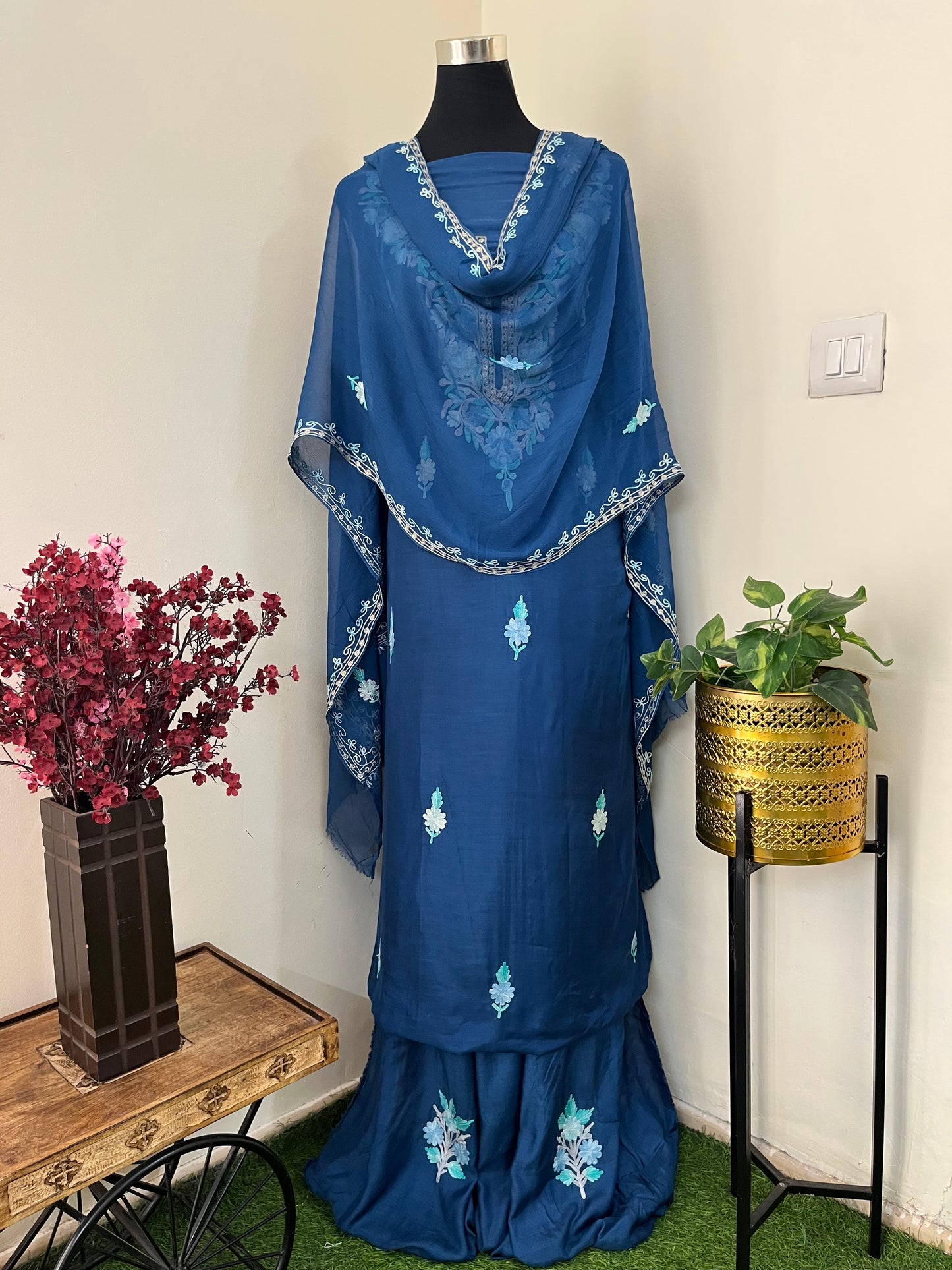Blue  Muslin Cotton Jaal Sleeves Kashmiri 3pc Suit