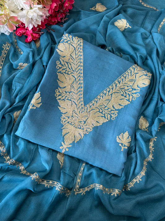 Sanam’ Pastel Blue Silk Tilla Kashmiri Suit