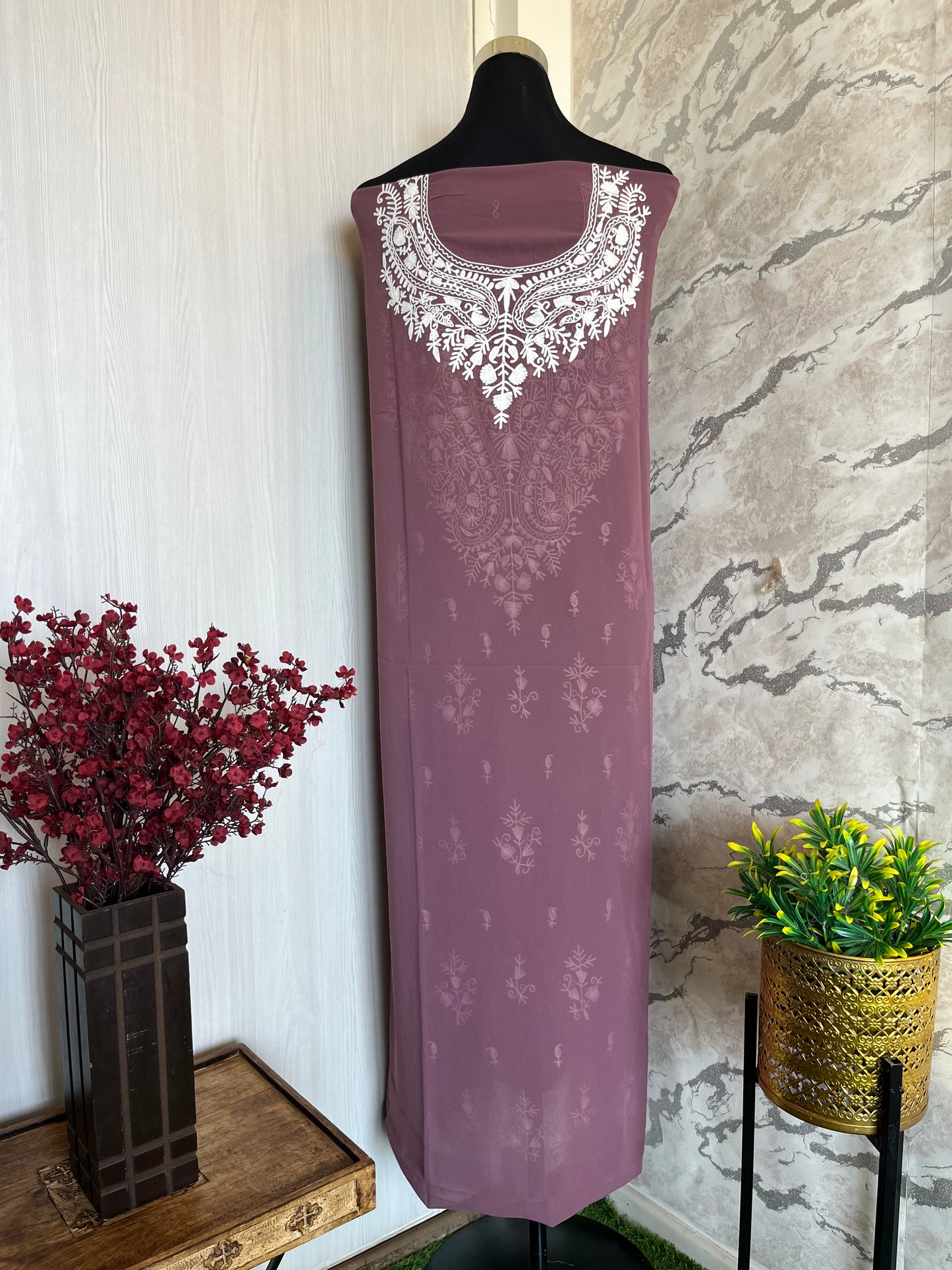 Georgette Blackish Purple All over Work Aari Embroidered Unstitched Kurta Material