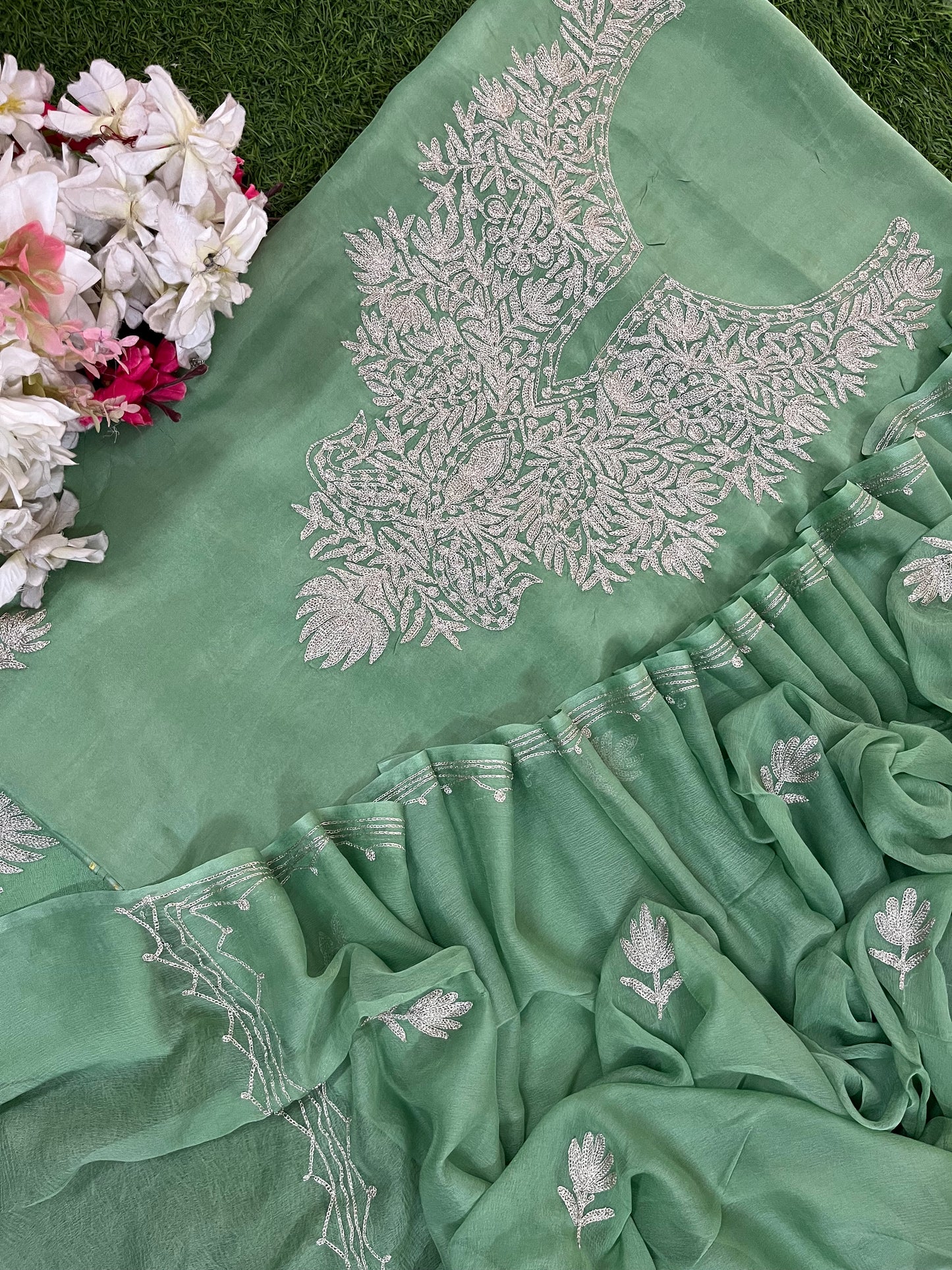 Pastel Green Silk Tilla Kashmiri Suit
