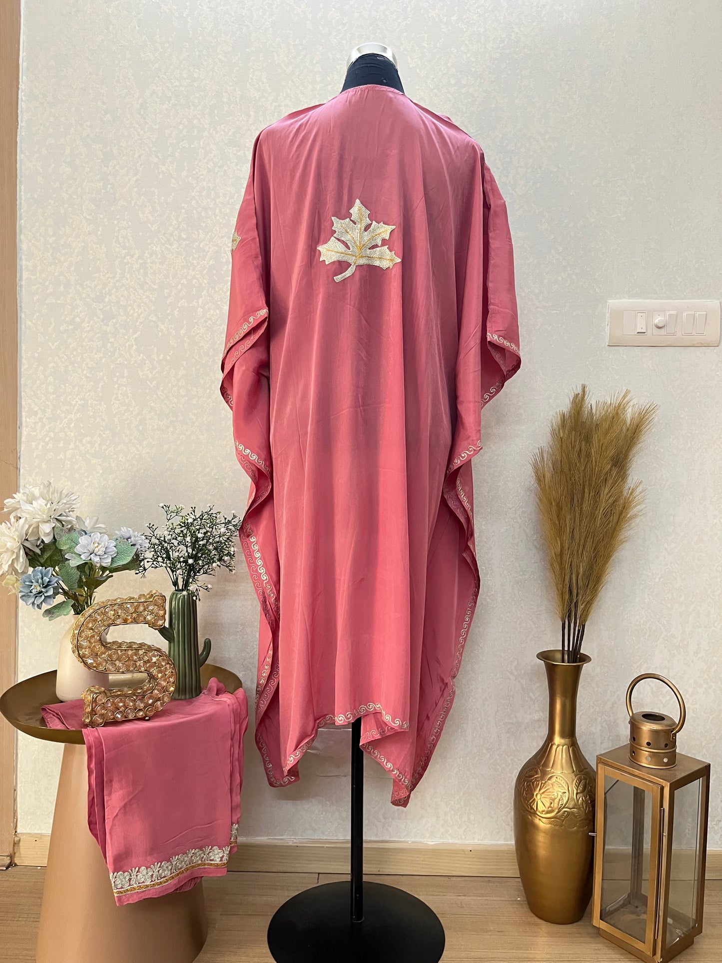 Onion Pink Crape Kashmiri Kaftan Set
