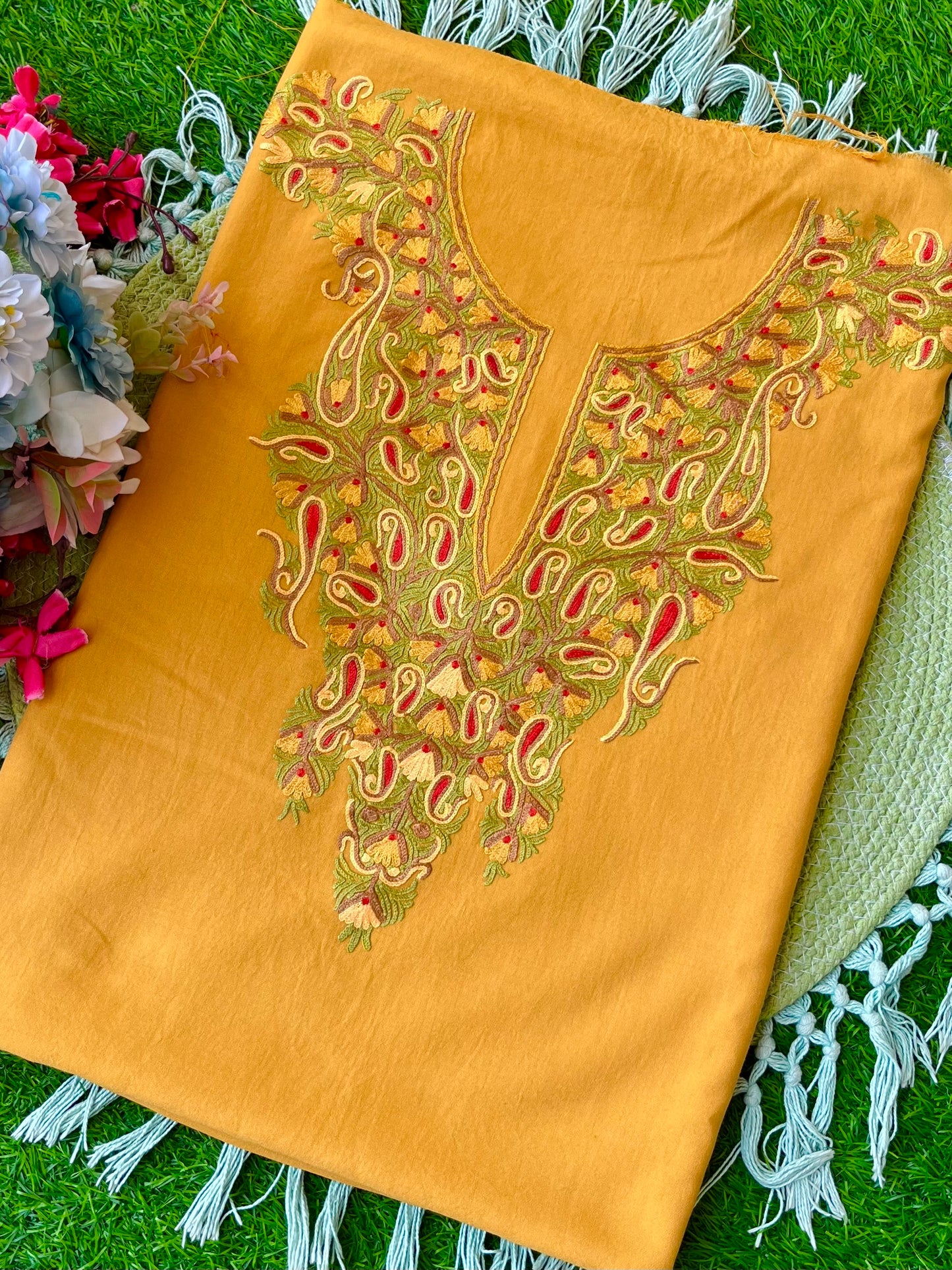 Mud Yellow Cotton Two Piece Suit (Hand Embroidered)