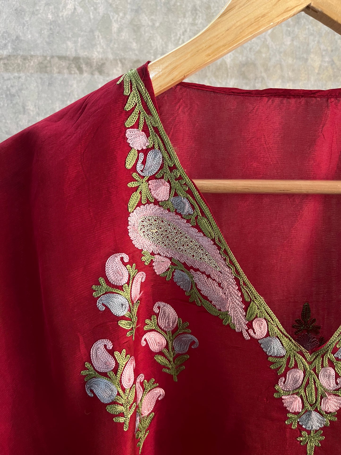 Maroon Opada Silk Kashmiri Kaftan Set