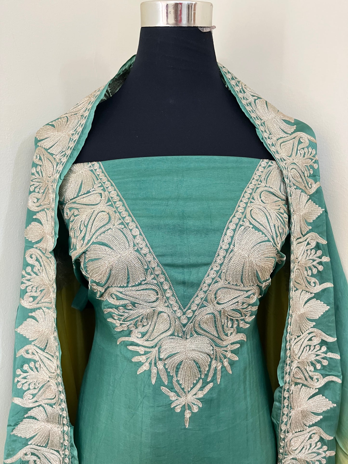 Sanam Pastel Green Silk Kashmiri Suit