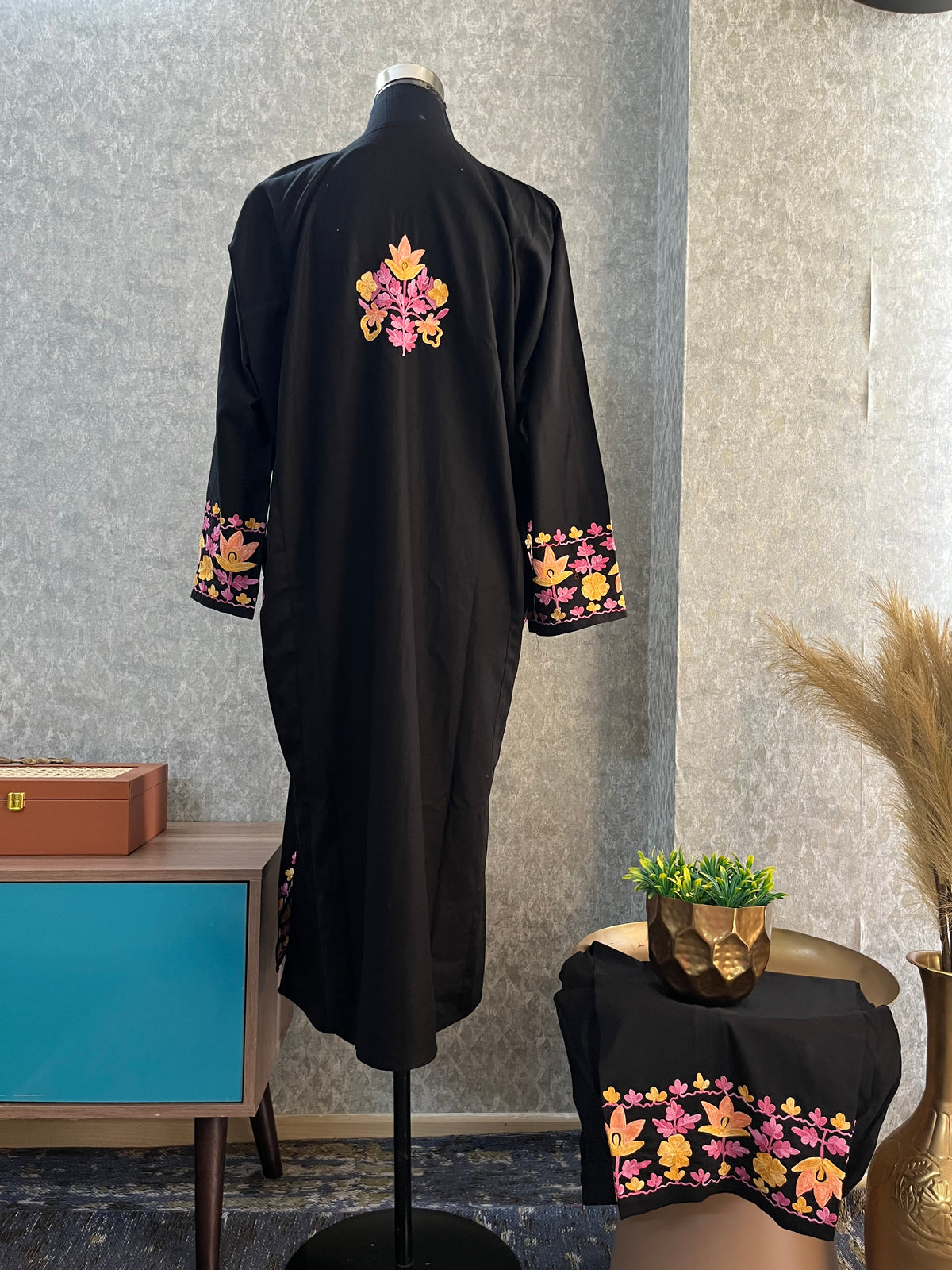 Black Cotton Front Jaal Pheran Set  Size(44)