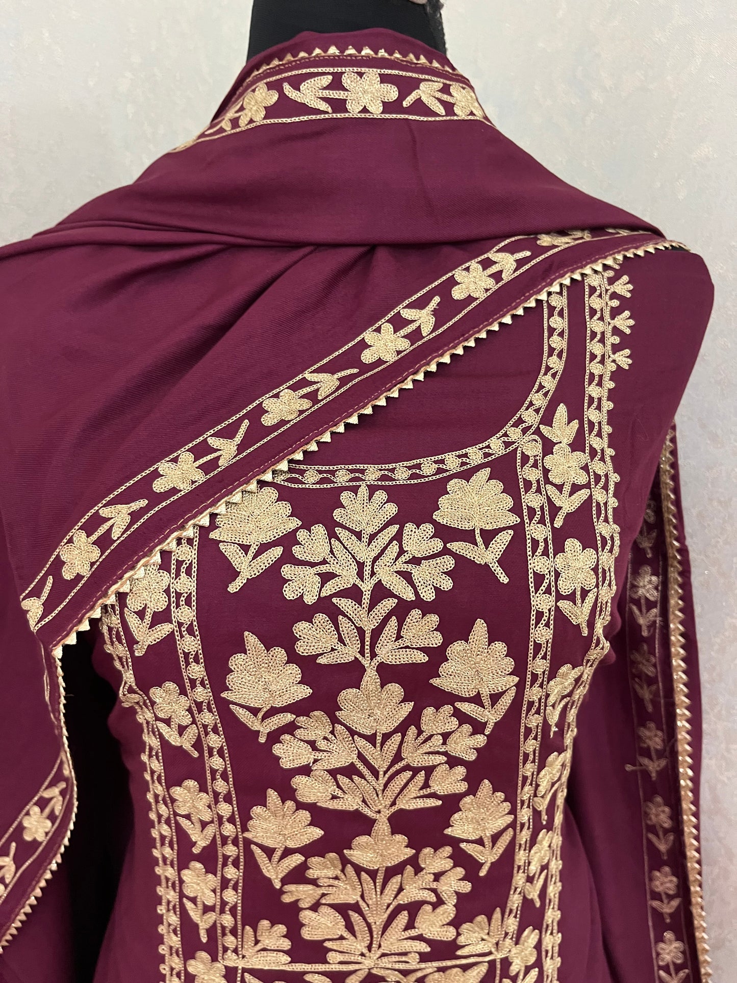 Wine Silk Pashmina Kashmiri Suit