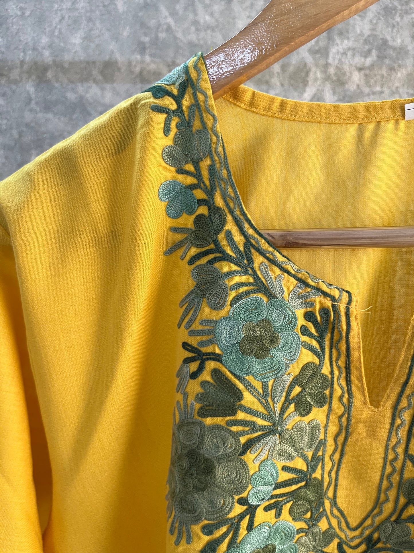 Yellow Cotton Aari Work Kurta
