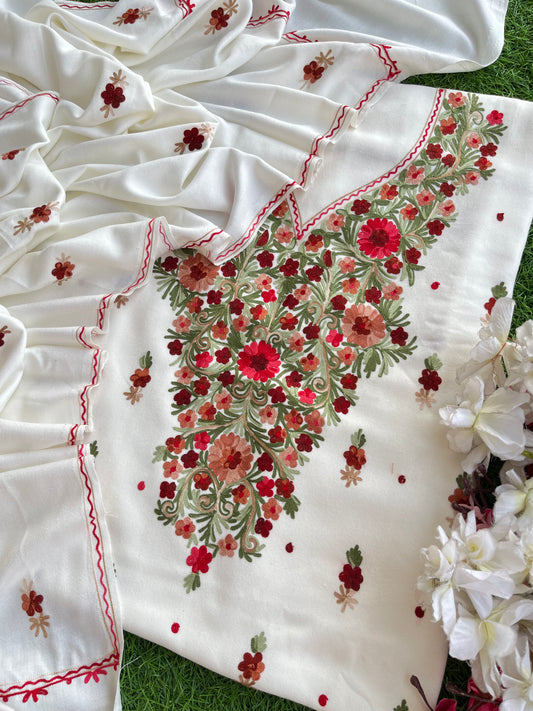 Off White Woollen Aari Embroidered 3pc suit