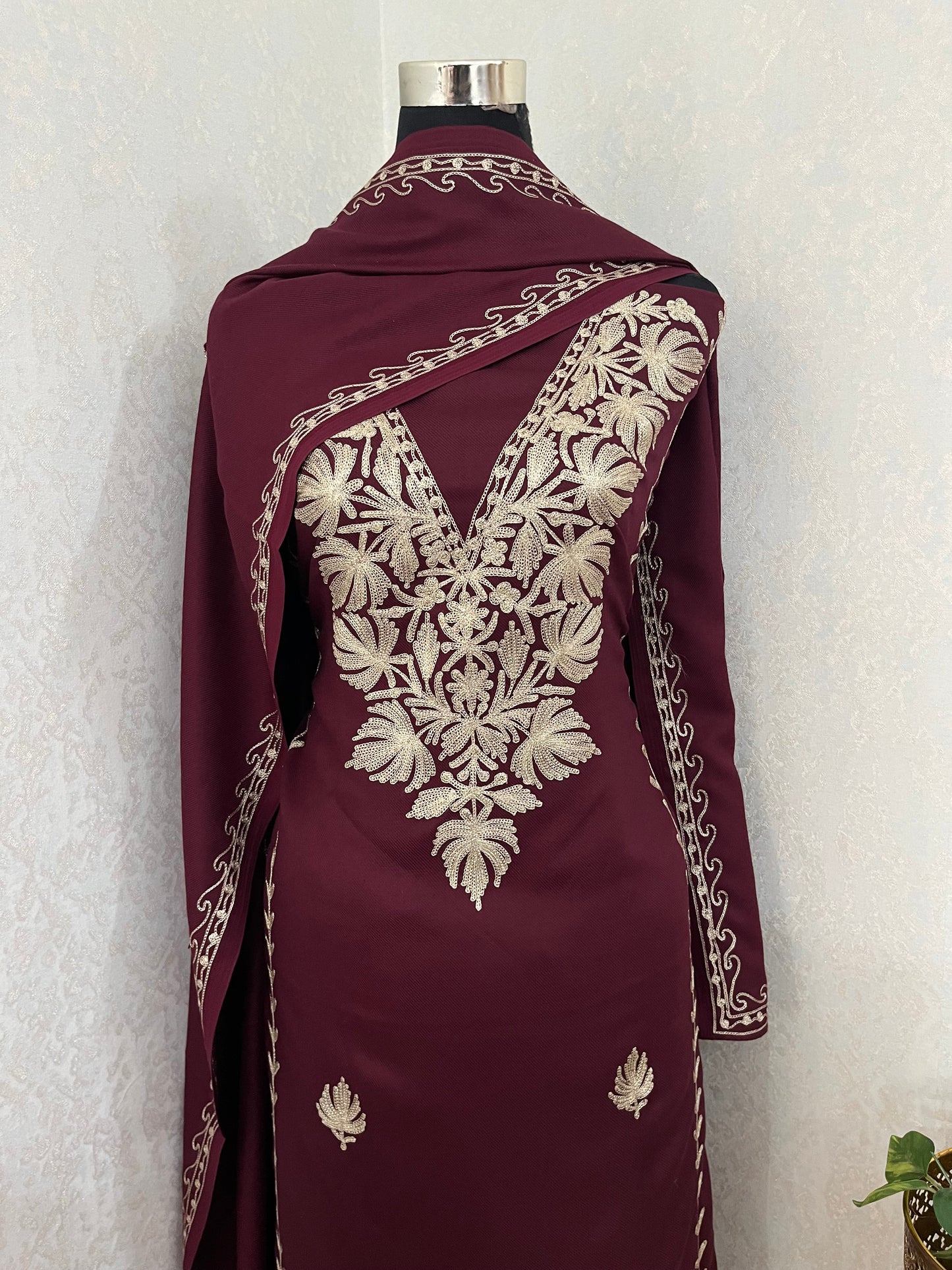 Wine Tilla Embroidered 3pc Suit Stole