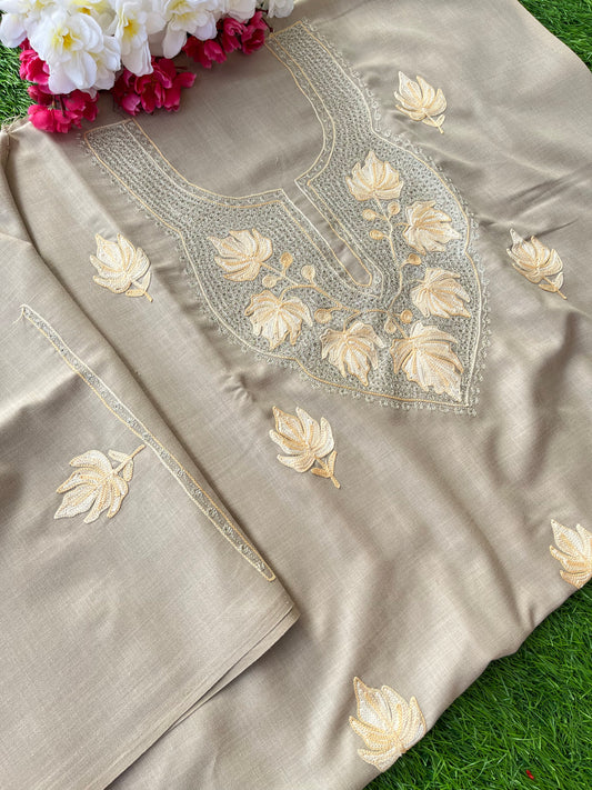 Beige Cotton Unstitched Aari Work Kurti